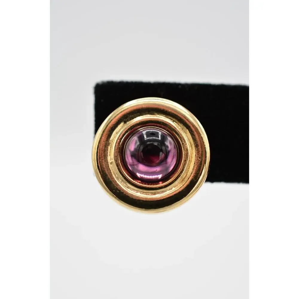 Vintage Cabochon Clip On Earrings Purple Round Gold Tone Jewelry Huggie 1980s 9L